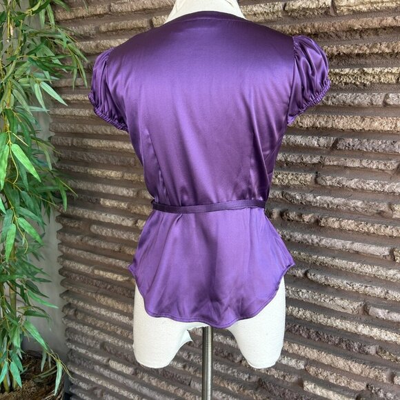 INC International Concepts Purple Stretch Silk Puffy Sleeve Faux Wrap Blouse - Picture 6 of 11